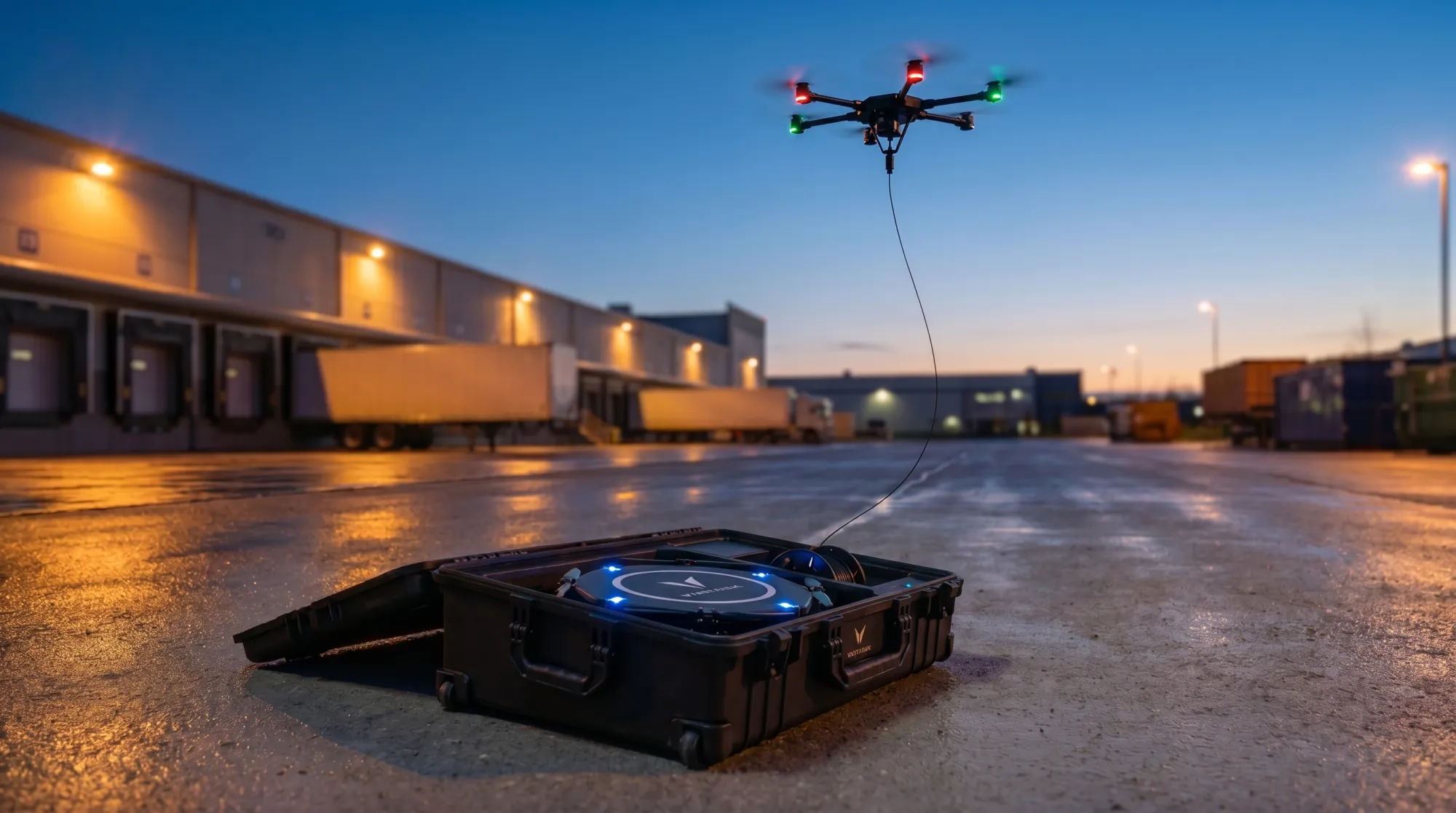 Apus 100 rising on its tether from the open ground station at twilight