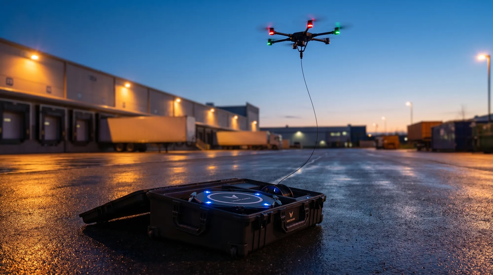 Apus 100 rising on its tether from the open drone-in-a-box ground station
