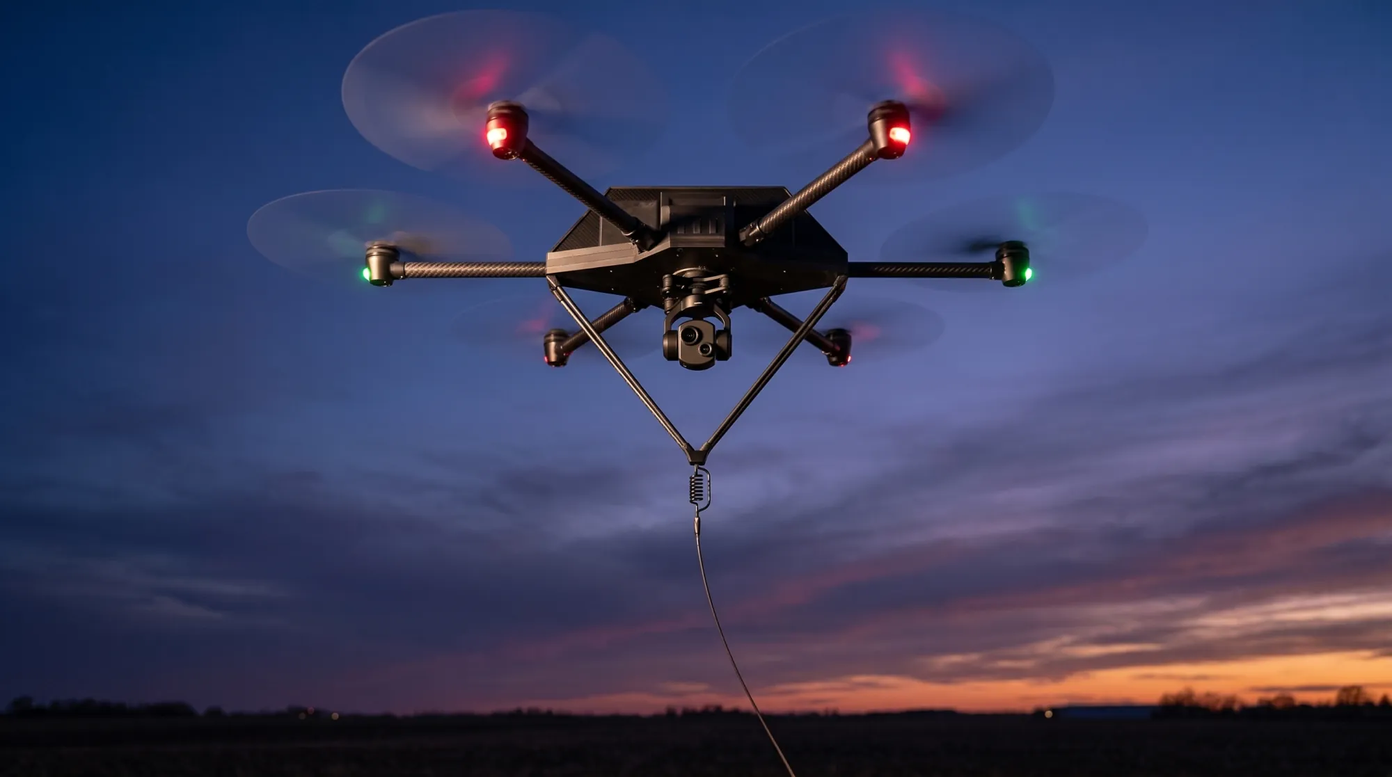 Apus 100 from below, tether dropping from the damper beneath the camera gimbal